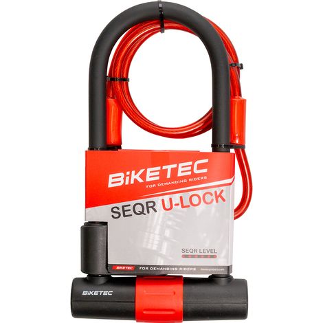 Antivol en U BIKETEC SEQR avec câble : câble de 10 mm, 1,2 m avec cadenas de 180 mm x 320 mm, 3 clés, anse de 16 mm