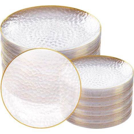Juego de 3 platos de plástico transparente de 23 cm con borde dorado, duraderos y reutilizables, ideales para fiestas y bodas. (1/5)