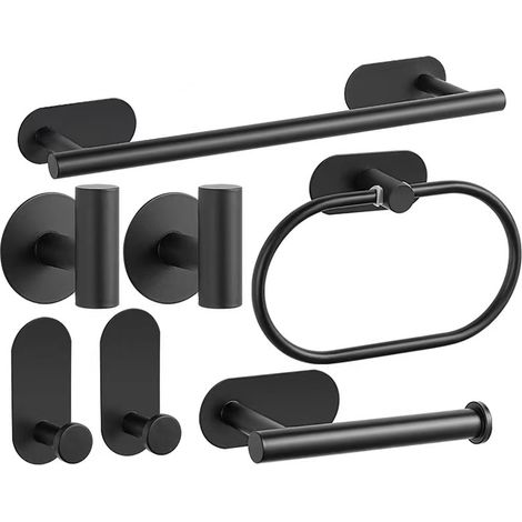 Ensemble d'accessoires de salle de bain sans perçage en acier inoxydable : porte-serviettes, poubelle, étagère à serviettes et patère, noir mat et argent, auto-adhésif (1/2)