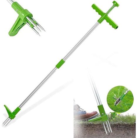 Extracteur de mauvaises herbes et outil d'extraction de racine de désherbeur vertical rotatif télescopique avec poignée en acier et désherbeur (1/4)