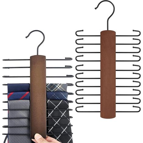 2 Pièces Porte-cravate en Bois, 20 Crochets Rotatifs 360 Degrés, Rangement Ceinture avec Pince Antidérapante pour Écharpe (1/4)