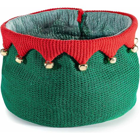 Paniers de Noël en maille thème lutin avec clochettes dorées, lot de 4, diam. 21 cm x H. 15 cm