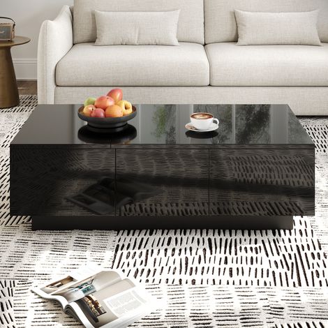 Table basse laquée design moderne avec plateau coulissant Push-Pull, tiroirs double face et coffres cachés, meuble de salon multifonctionnel, 100 x 50 x 31 cm - noir (1/5)