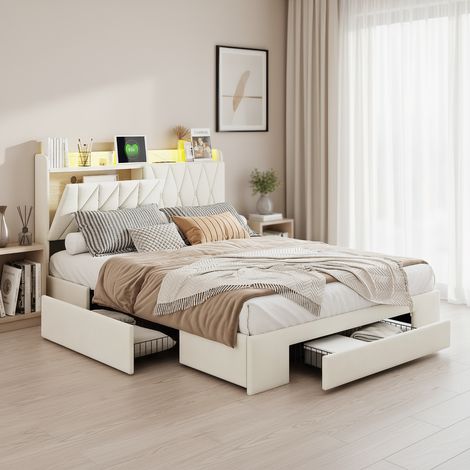 Polsterbett 140x200 cm mit Stauraum, Doppelbett mit LED und USB-Ladeanschlüssen,  Modernes Jugendbett, Bettgestell mit Kopfteil und Lattenrost, Velour Beige, Ohne Matratze