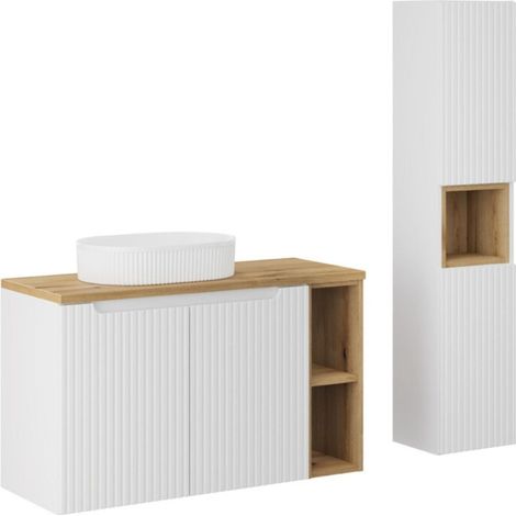 Set VANO bianco 130cm: mobile sottolavabo con armadietti e nicchie a vista + lavabo da appoggio bianco scanalato + colonna