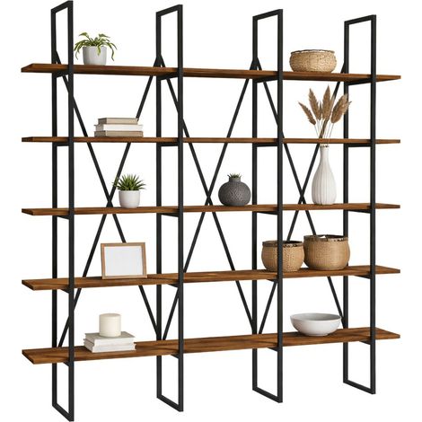 Libreria Perletto, Biblioteca 5 Ripiani, Installazione Libera, Utilizzabile Come Divisorio Locale, 160x26x160h cm Marrone Noce