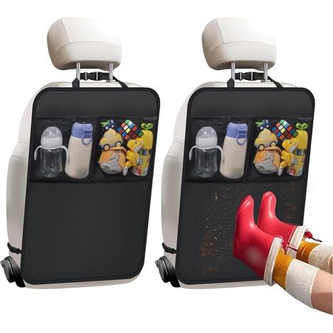 Lot de 2 protections de siège de voiture en tissu bœuf avec poches de rangement, adaptées aux sièges enfants et animaux domestiques, pour une installation facile des housses de siège arrière, noir (1/5)