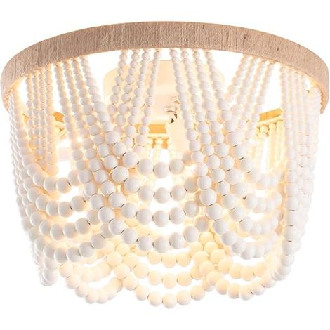 Lustre bohème en perles de bois à encastrer antique rustique avec finition blanche pour chambre à coucher, chambre d'enfant, chambre de fille, couloir, entrée, couloir, salle à manger (1/5)
