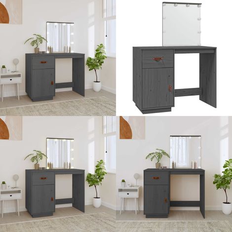 Toeletta con LED Grigia 95x50x133,5cm in Legno Massello di Pino - Toeletta con LED - Specchio in legno
