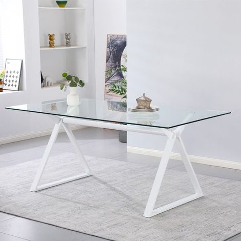 Tavolo fisso Skylar 150x90 cm. con piano in vetro temperato e gambe bianche