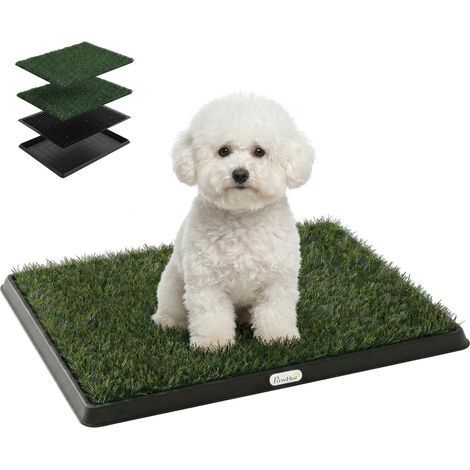 Toilette pour chien 63 x 50,5 cm, bac avec 2 gazons synthétiques lavables, litière pour chiot, pour balcon, intérieur, Noir+Vert (1/5)