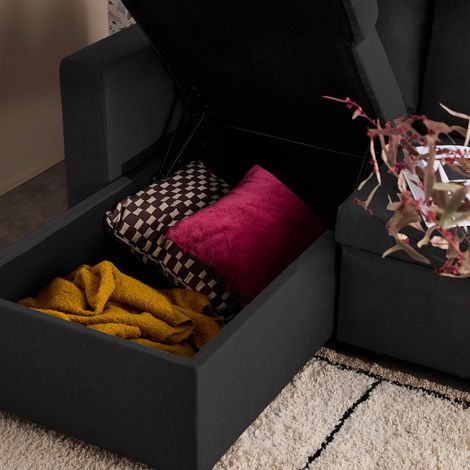 Sweeek – Canapé d'angle convertible compact 3 places en tissu noir – Dimensions L 213,5 x P 136,5 x H 83 cm – Coffre de rangement intégré