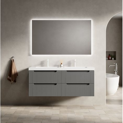 Mueble de baño suspendido con lavabo integrado, cajones de cierre suave, resina y color gris oscuro (1/5)