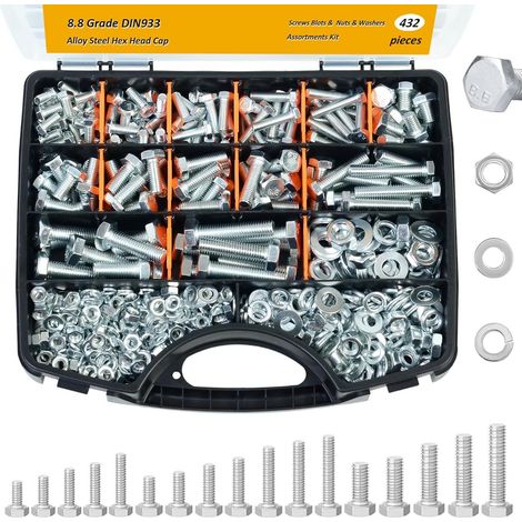 Coffret de visserie 432 pièces, assortiment de boulons à tête hexagonale DIN 933 classe 8.8 en acier au carbone électrozingué, avec écrous et rondelles, kit de fixation mécanique (1/2)