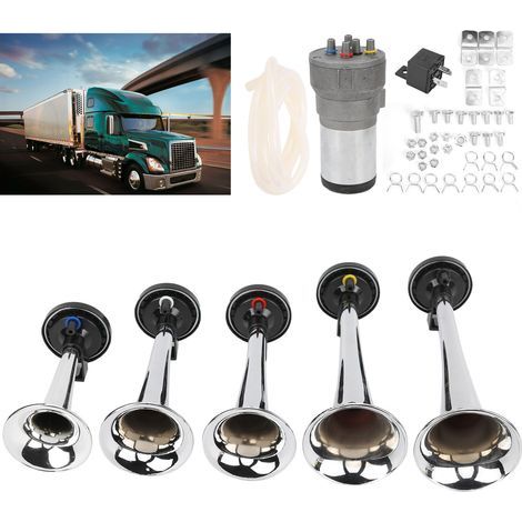 Jeu de 5 Trompettes d'Alarme 12V avec Compresseur pour Camions, Bateaux et Véhicules Utilitaires (1/5)
