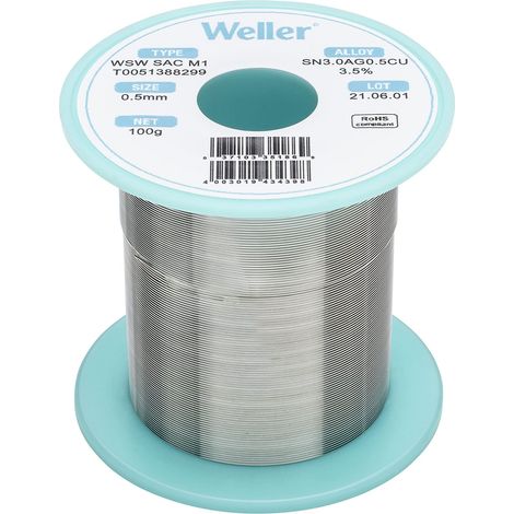 Weller WSW SAC M1 (T0051388299) Filo Saldante, Ø 0.5mm, 100g, Lega Sn96.5Ag3.0Cu0.5, Contenuto di Fondente 3,5% (1/5)