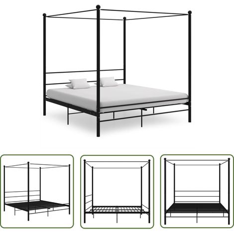 The Living Store Cadre de lit à baldaquin sans matelas noir métal 180x200 cm - Lit Plateforme - Lit Double - Cadre De Lit - Lit Design - Literie (1/5)
