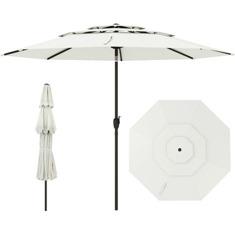 Parasol de Jardin Extérieur Ø 300 cm, Parasol Balcon à 3 Niveaux sans Pied, Inclinaison Réglable à Bouton-Poussoir, 8 Baleines, Blanc (1/5)