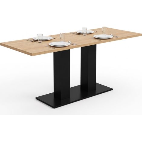 FurnitureR Table à manger extensible 140 à 180 cm, 4 à 8 personnes, plateau MDF effet bois clair 3 cm, double pied central noir (1/4)