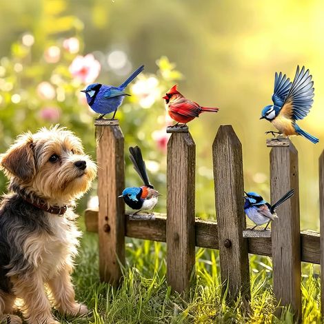 STK Gartendeko Bemalte Vogel, Vögel Gartenstecker Deko Gartendeko für draußen wetterfest, Metall Bunt Bemalte 2D Gartenkunst, Metall Vogel Garten Deko für Holz Zaunfiguren Gartendekos (1/5)