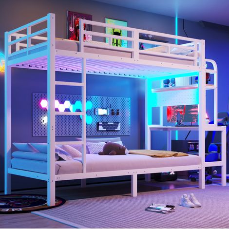 Lit superposé 90x200 cm, bureau et étagères, LED, échelle et barrières de sécurité, en métal, blanc, sans matelas (1/5)