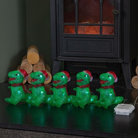 15cm Set of 5 Battery Operated Light up Christmas Dinosaur Ornaments with 40 Cool White LEDs (1/3)
