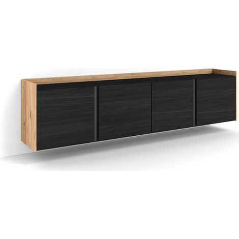 Skraut Home - Meuble TV, Banc Télé, Grand espace de Rangement, 207x35x50 cm, Pour les TV jusqu'à 80", Suspendu, Mural, Style moderne, Noir et chêne (1/5)