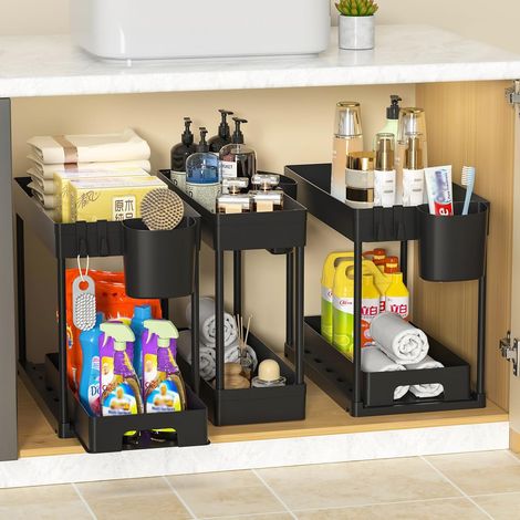 Lot de 3 Rangement sous évier,Organisateur 2 étages avec tiroir,Étagère plastique et acier,4 crochets,Cuisine et buanderie (1/5)