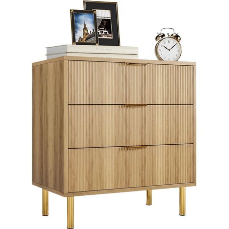 Commode Scandinave 3 Tiroirs Effet Bois Naturel et Détails Dorés, Pieds Métal, pour Chambre et Salon (1/5)