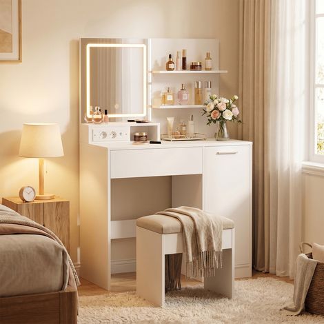 Coiffeuse Moderne avec Miroir LED, prise Intégrée, Tiroir et Étagère, Chambre, Blanc (1/5)