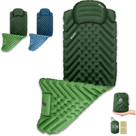 Matelas de Camping Auto-gonflant et Coussin Gonflable. Kit avec Pompe à Pied intégrée. Gonflage Rapide en 30 Secondes. Convient pour Le Camping en Plein air, la randonnée. Vert (Rectangle) (1/5)