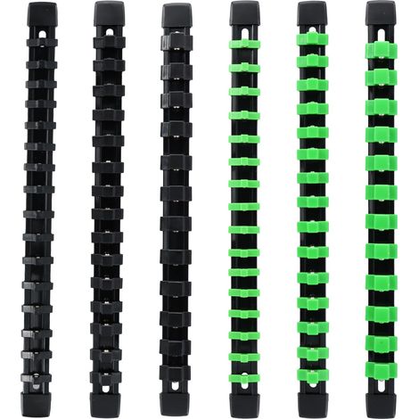 Organisateur de Douilles 6 Pièces, Rail de Douilles 1/4", 3/8", 1/2", Clips de Rangement en ABS et PP, Couleur Vert et Noir (1/5)