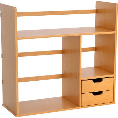 Desk Organiser Compartments Desktop Bookshelf Stationery Storage Shelf Document File Holder with 2 Drawers 2-way Reversed Use Bamboo (1/5)