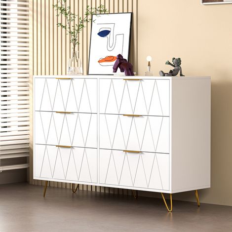 Kommode 100 cm, mit 6 Schubladen, Diamantlinien, goldene Metallgriffe und Füße, Holz-Sideboard für Wohnzimmer – Weiß