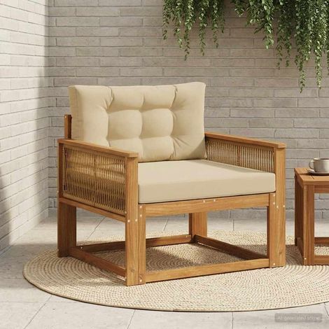 Canapé d'extérieur 1 place en bois d'acacia massif naturel avec coussins beige - PANGIVO (1/5)