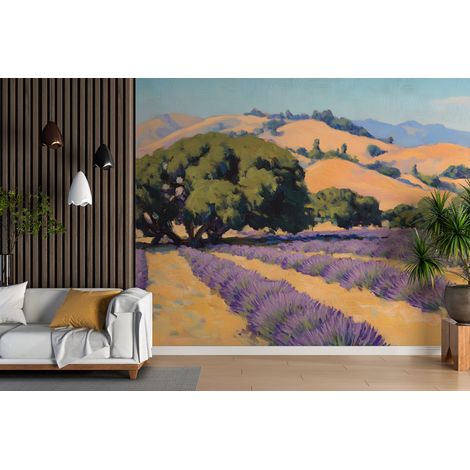 Papier peint campagne - champs de lavande et grand chêne - 150 x 250 cm (1/2)