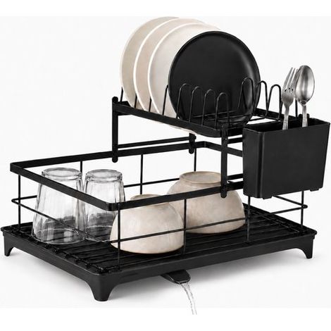 Égouttoir à vaisselle réglable - Acier inoxydable - 40 x 28 x 29,5 cm - Égouttoir de cuisine extensible - Rangement pour assiettes, verres et ustensiles - Noir (1/5)