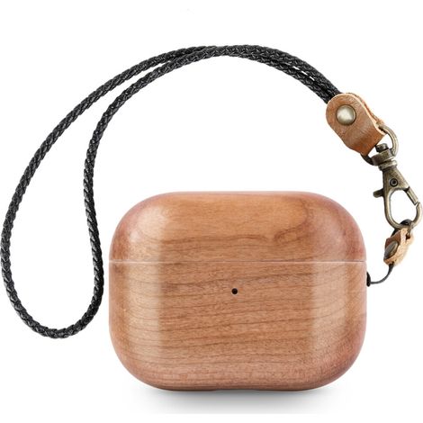 Custodia protettiva in vera pelle per AirPods Pro di seconda generazione, con finitura effetto legno naturale. Realizzata in legno massello antiurto, questa custodia è sicura, elegante e facile da rip (1/2)