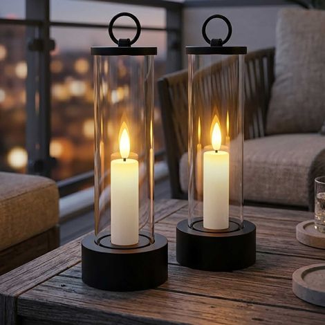 Outdoor LED Kerze im Glas batteriebetrieben mit Flammen Effekt und Timer - 2er Set - Tischkerze im Windlicht 20 x 7 cm für Außen