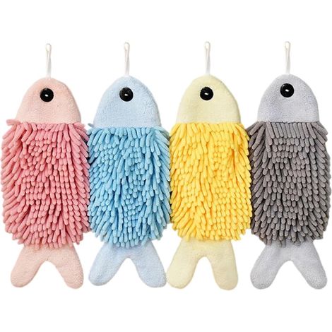 Lot de 4 essuie-mains chenille doux en velours chenille pour salle de bain Motif poisson mignon maison appartement toilettes cuisine adultes enfants amoureux des animaux (1/5)