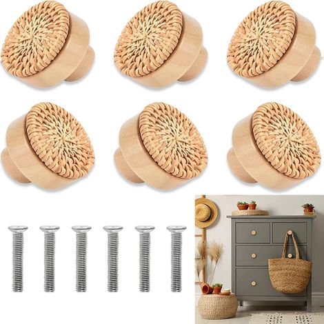 Lot de 6 boutons de meubles en rotin, bouton en bois et rotin, bouton de meuble, pour commodes vintage K (1/5)