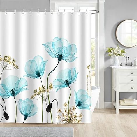 Morceau de rideau de douche bleu à motif floral, 180 x 180 cm, polyester (1/4)