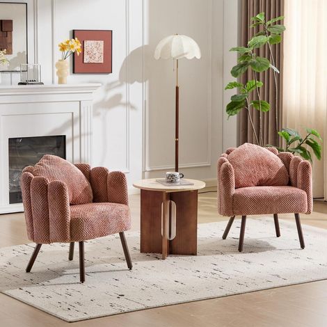 Sessel mit Kissen, Bouclé, Blütenblatt-Rückenlehne, Holzbeine, Rosa, 2 Stück (1/5)