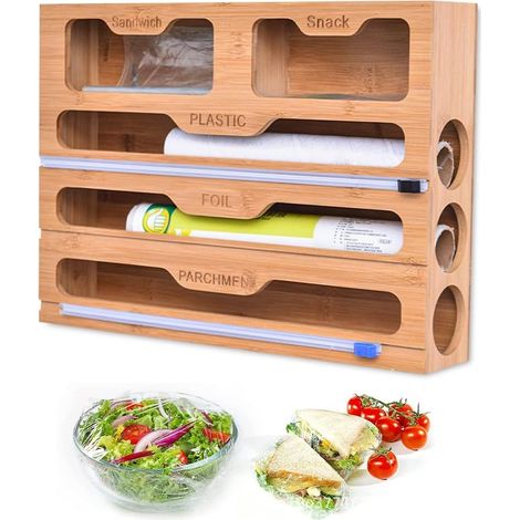 Distributeur de Film avec Cutter, 5 en 1 Coupe-Film, Distributeur de Film en Aluminium et Stockage des Aliments, Distributeur de Film en Bambou, Distributeur de Film Alimentaire - 5 Fentes (1/5)