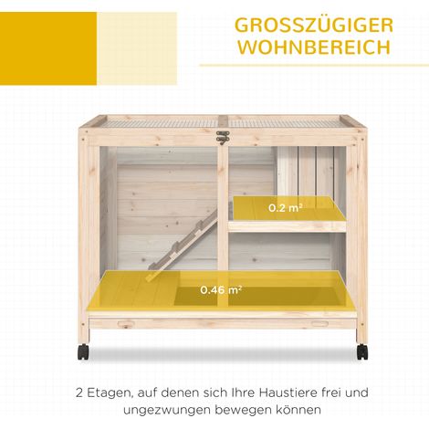 Kleintierkäfig mit 2 Ebenen, 4 Rädern, aus behandeltem Fichtenholz, mit natürlicher Oberfläche. (1/5)