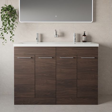 Napoli 390 Brown Oak 1200mm 4 Door Vanity Unit with Double Glide Basins - 1200mm - Chrome 160mm Handle