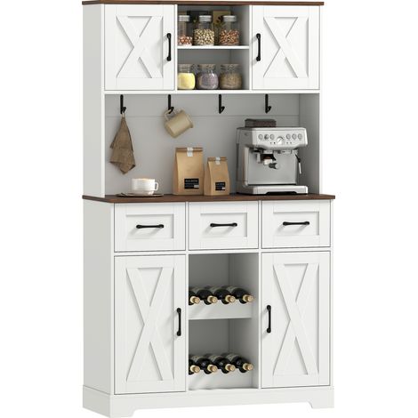 HOMCOM alacena de cocina alta, botellero para 8 botellas, 4 puertas, 3 cajones, encimera amplio, orificio para cables, blanco, 100x38x172 cm