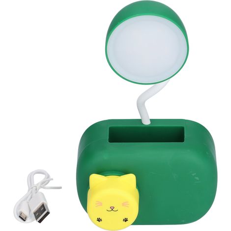 Lampe de bureau multifonctionnelle LED motif chat de dessin animé avec taille-crayon et câble USB, idéale pour étudier, dormir dans une chambre, travailler au bureau ou comme cadeau (vert foncé)