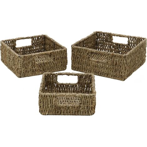 Hand Woven Seagrass Square Storage Baskets with Inset Handles, Set of 3 (1/4)