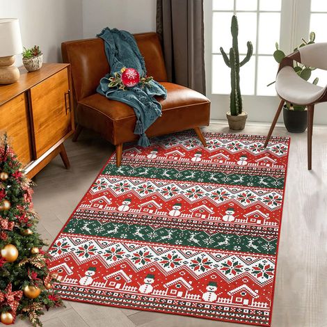 Tapis de Noël ultra doux - Lavable en machine & antidérapant - Motif sapin, élan et flocons - Pour salon/chambre/cuisine/salle à manger - rougeâtre & vert - 140 x 200 cm (1/5)